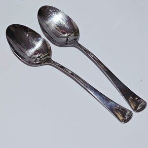 2 Oneida Distinction Serving Spoons 8" stainless glossy 2000s vtg MCM
